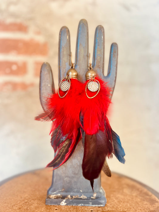 Feather Earring Oval Glitz - Red