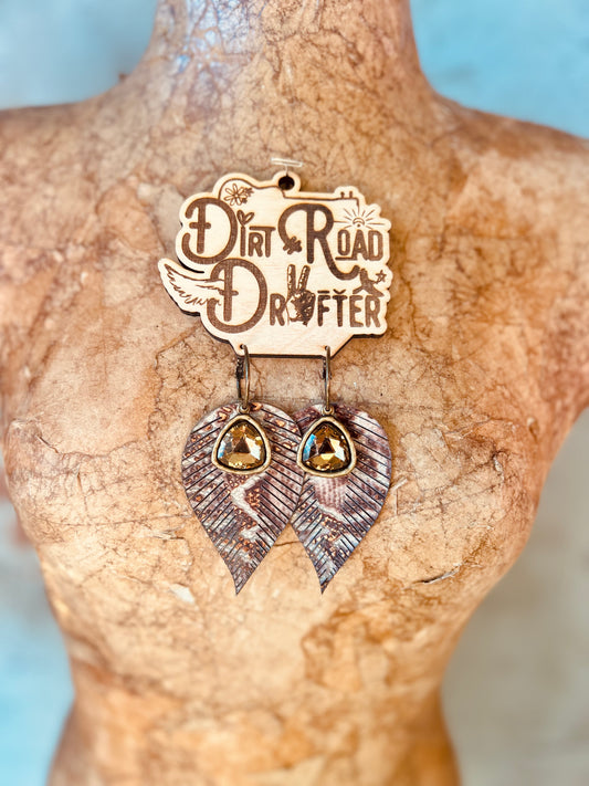 Leather Teardrop Earring - Golden Crystal