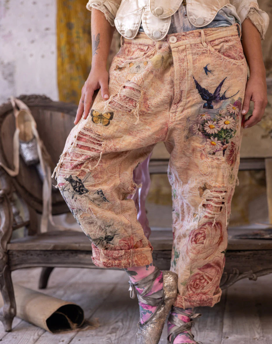 Jacquard Applique Miner Pants- Soleil En Rose